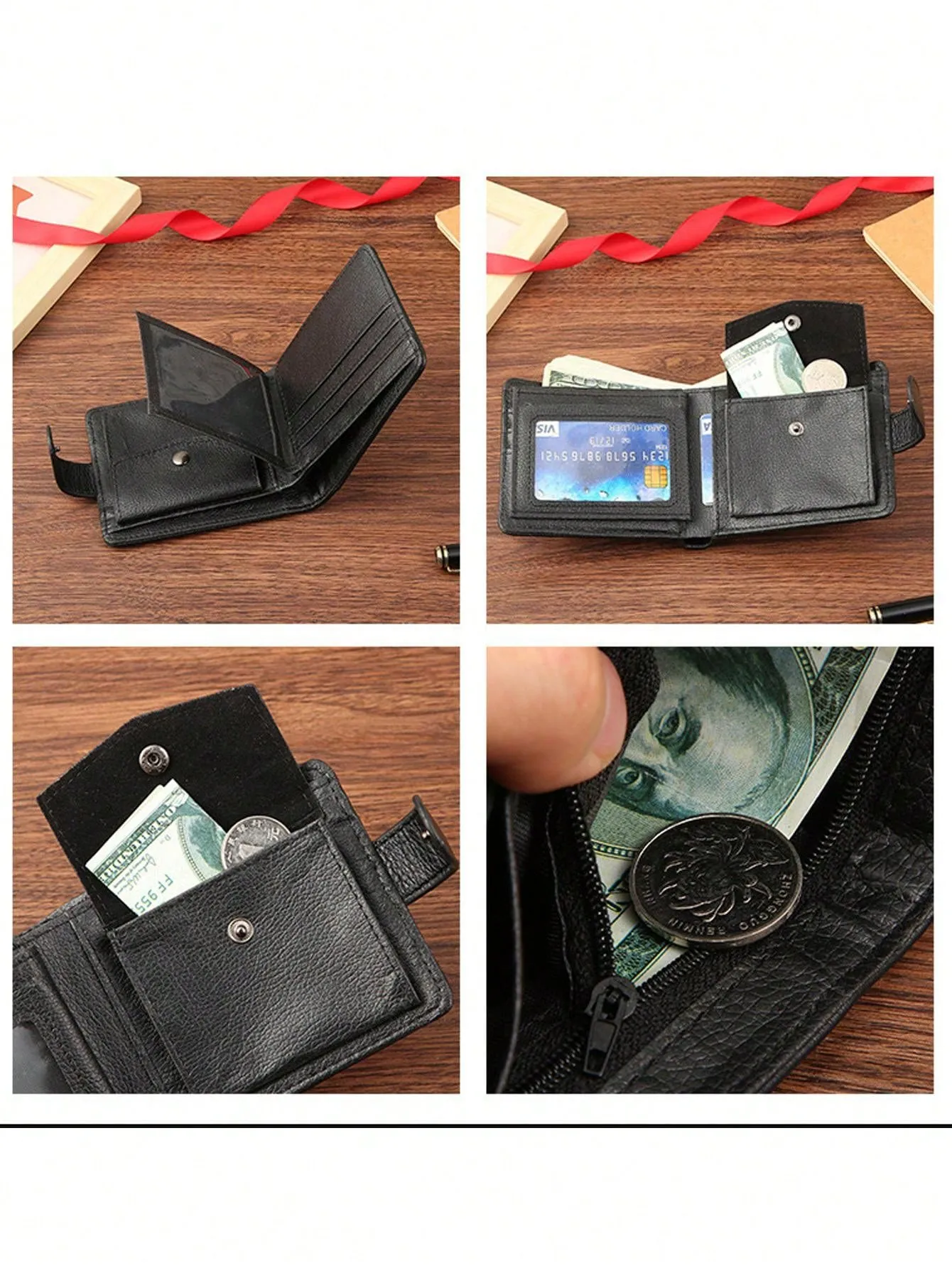 1pc Gift Men'S Business Men'S Retro Short Wallet Solid Loose Leaf Coin Bag Small Wallet Large Capacity File Bag Card Wallet