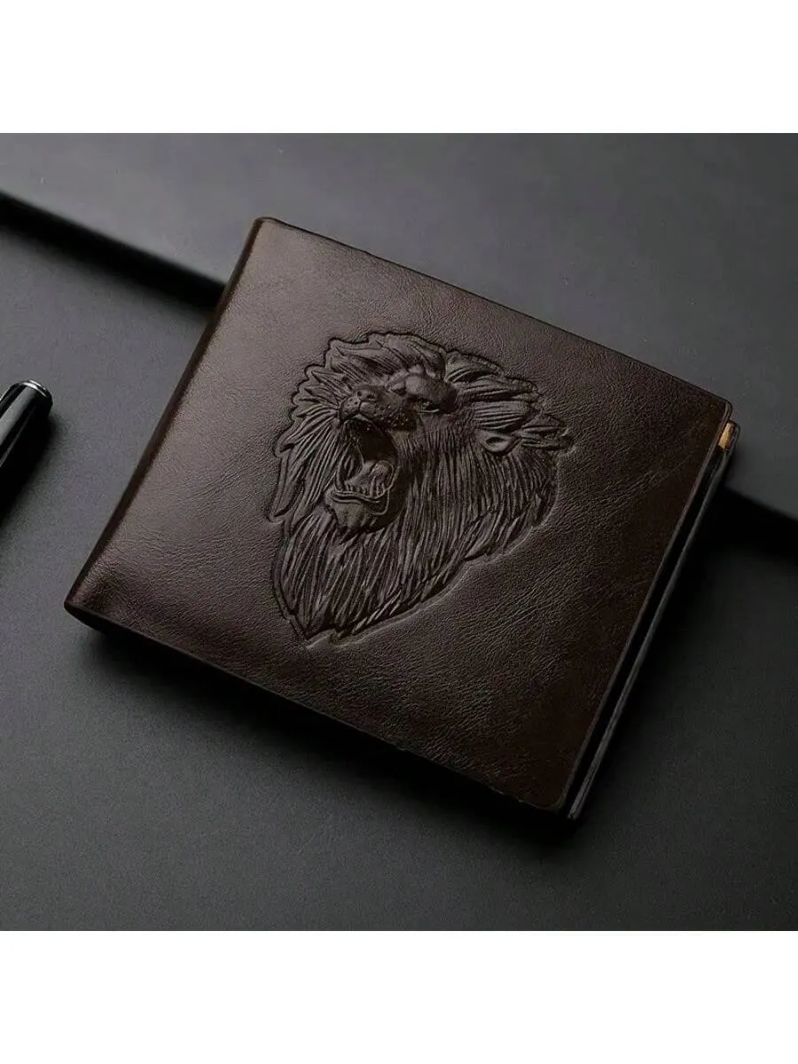 1PC Men's Business Wallet - PU Leather With 3D Embossed Lion, Three Color Options: Black, Brown, And Dark Brown Slim And Functional Design Three-Fold Wallet Gift