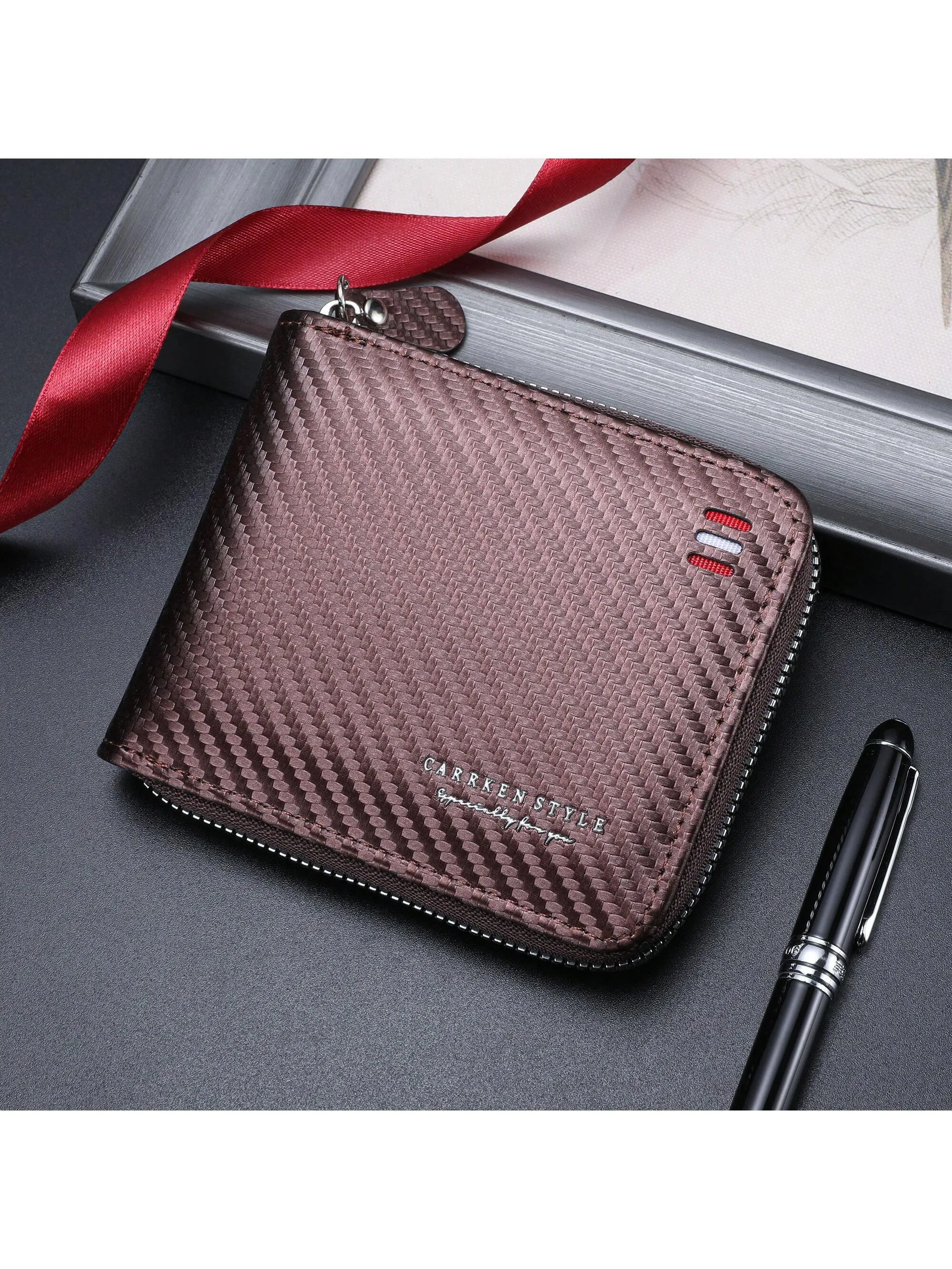 1pc New Men's Wallet, Fashionable Carbon Fiber Multifunctional Zipper Coin Purse, Youth & Student Personality Contrast Color Card Holder, Versatile Large Capacity Billfold