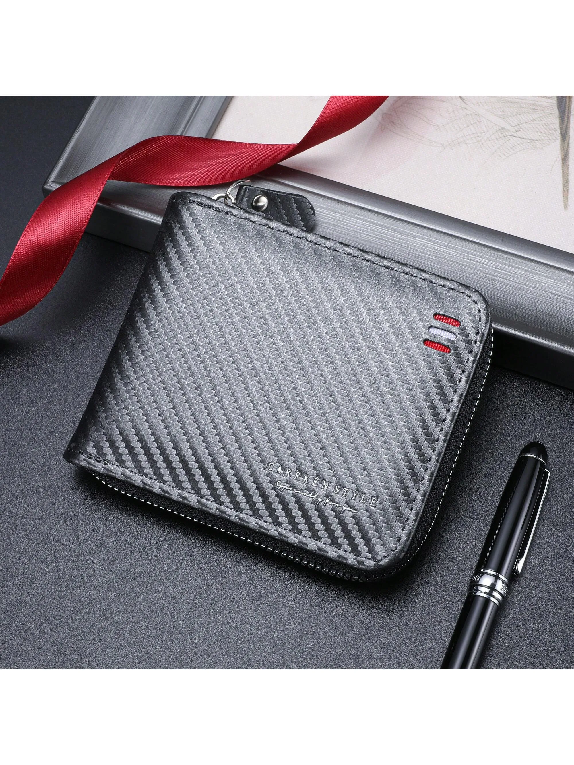 1pc New Men's Wallet, Fashionable Carbon Fiber Multifunctional Zipper Coin Purse, Youth & Student Personality Contrast Color Card Holder, Versatile Large Capacity Billfold