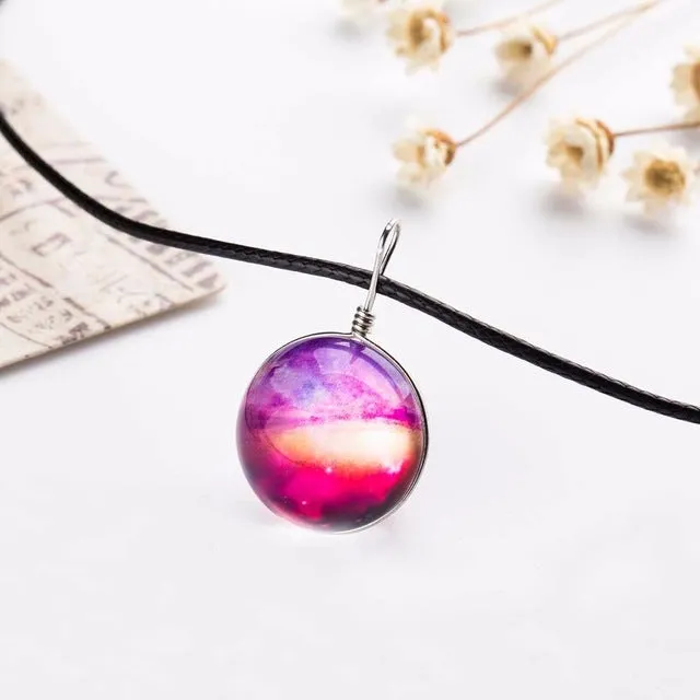 2017 Duplex Planet Crystal Stars Ball Glass Galaxy Pattern Leather Chain Pendants Maxi Necklace Glass Galaxy Lovely Necklace