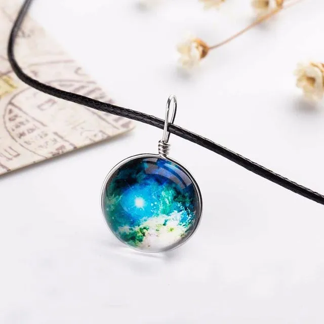 2017 Duplex Planet Crystal Stars Ball Glass Galaxy Pattern Leather Chain Pendants Maxi Necklace Glass Galaxy Lovely Necklace