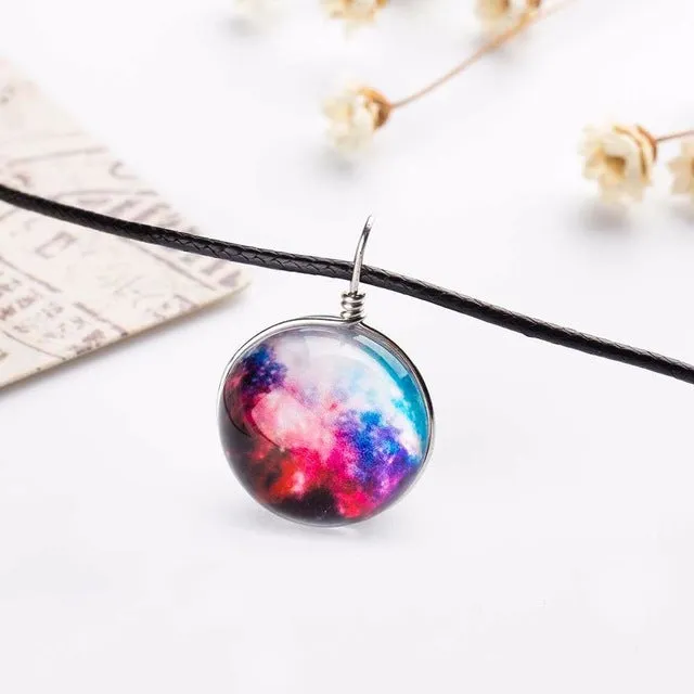 2017 Duplex Planet Crystal Stars Ball Glass Galaxy Pattern Leather Chain Pendants Maxi Necklace Glass Galaxy Lovely Necklace