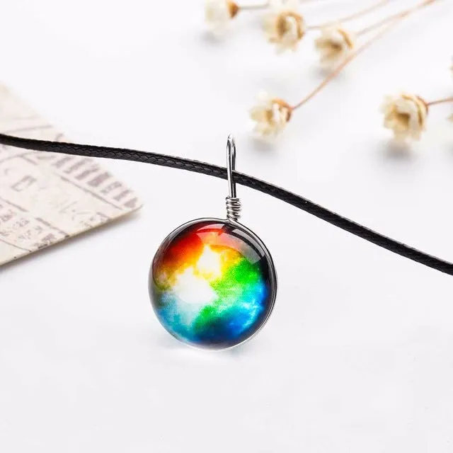 2017 Duplex Planet Crystal Stars Ball Glass Galaxy Pattern Leather Chain Pendants Maxi Necklace Glass Galaxy Lovely Necklace