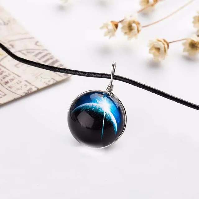 2017 Duplex Planet Crystal Stars Ball Glass Galaxy Pattern Leather Chain Pendants Maxi Necklace Glass Galaxy Lovely Necklace