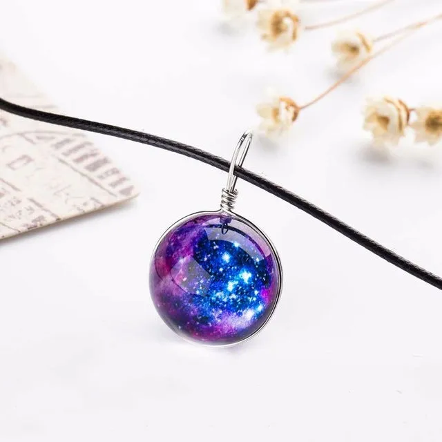 2017 Duplex Planet Crystal Stars Ball Glass Galaxy Pattern Leather Chain Pendants Maxi Necklace Glass Galaxy Lovely Necklace