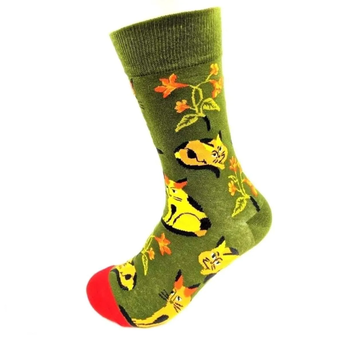 Animal Socks Cat Floral Green