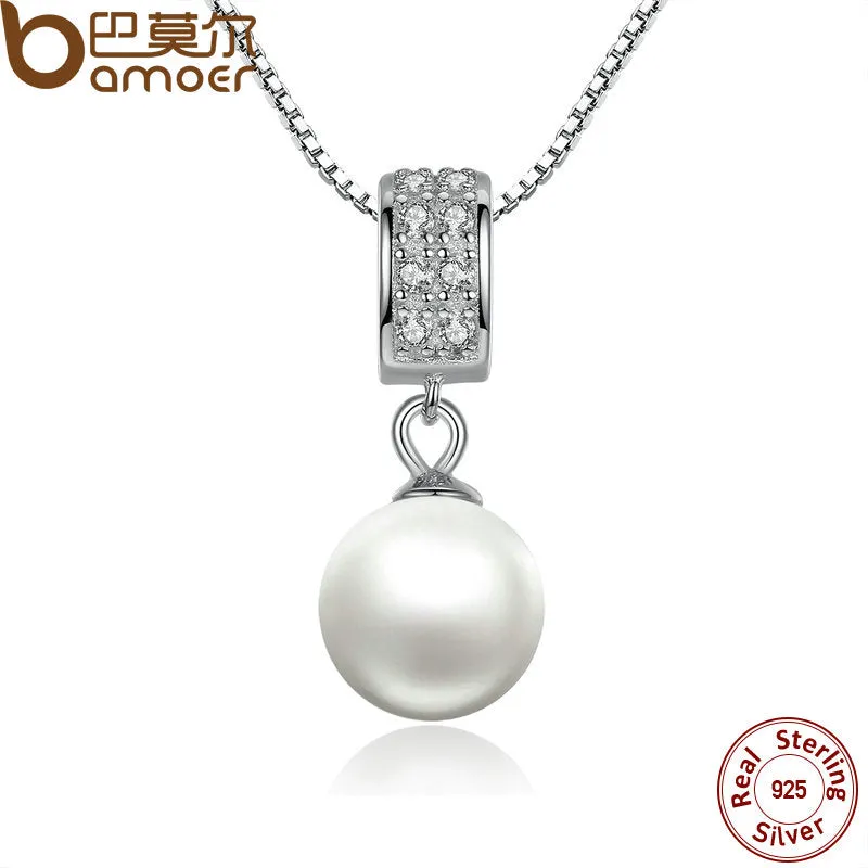 BAMOER 925 Sterling Silver Simulated Pearl Pendant Necklace Long Chain Necklace  Jewelry Wedding Necklace Accessories SCN030