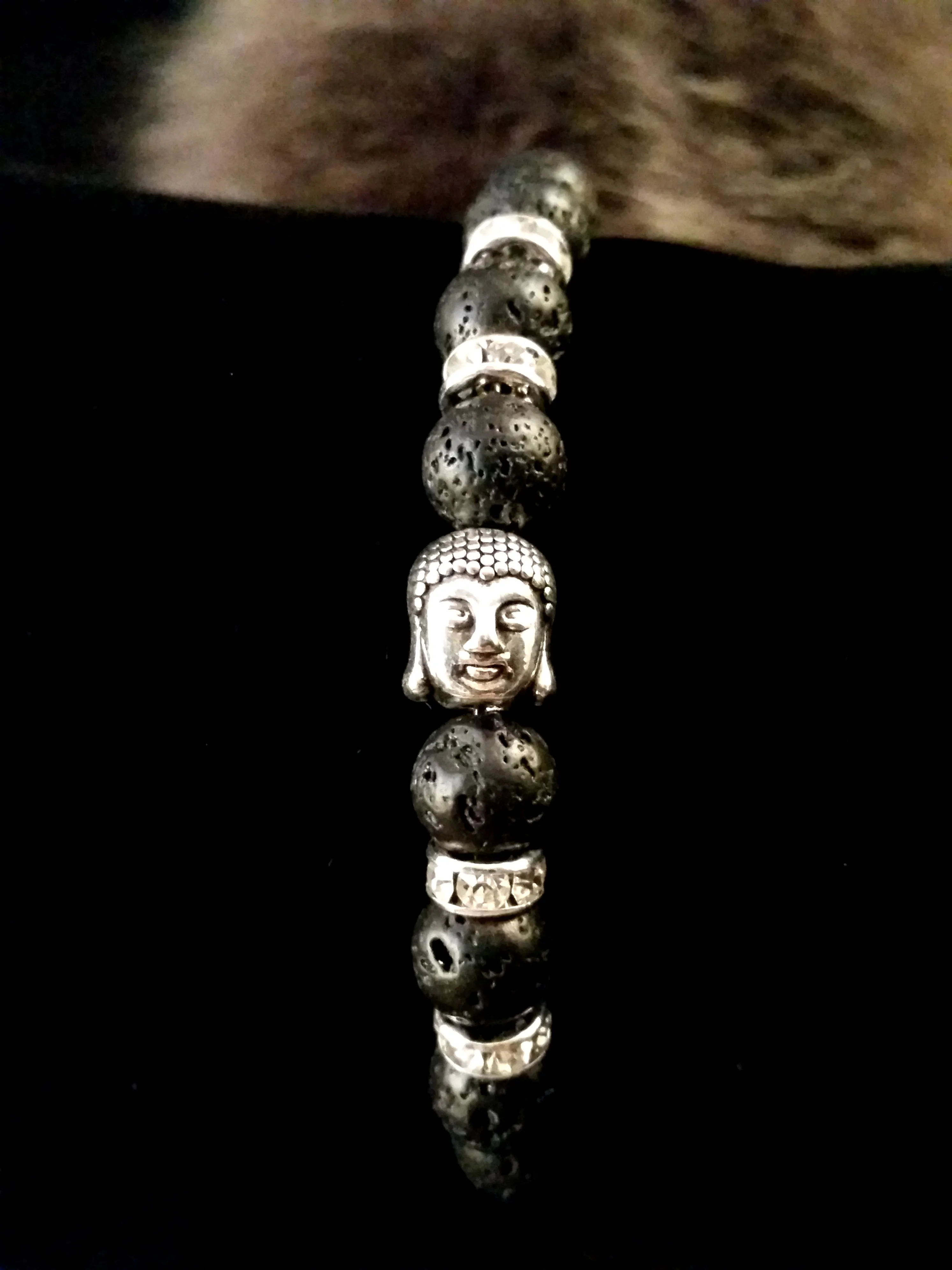 Bracelet Buddha Black Lava Stone Silver Swarovski Crystal