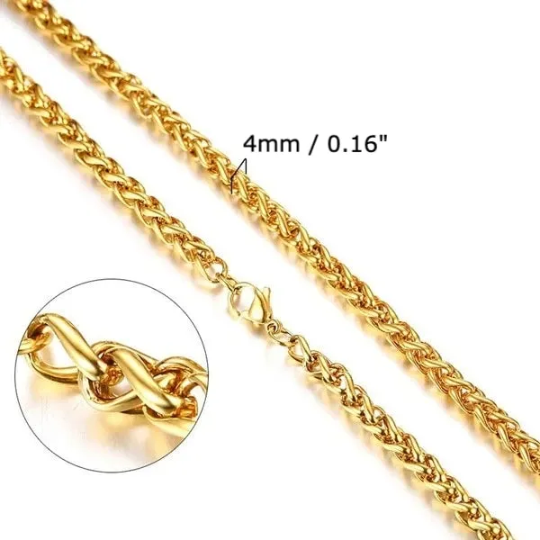 Classy Men 4mm Gold Braided Wheat Chain Necklace