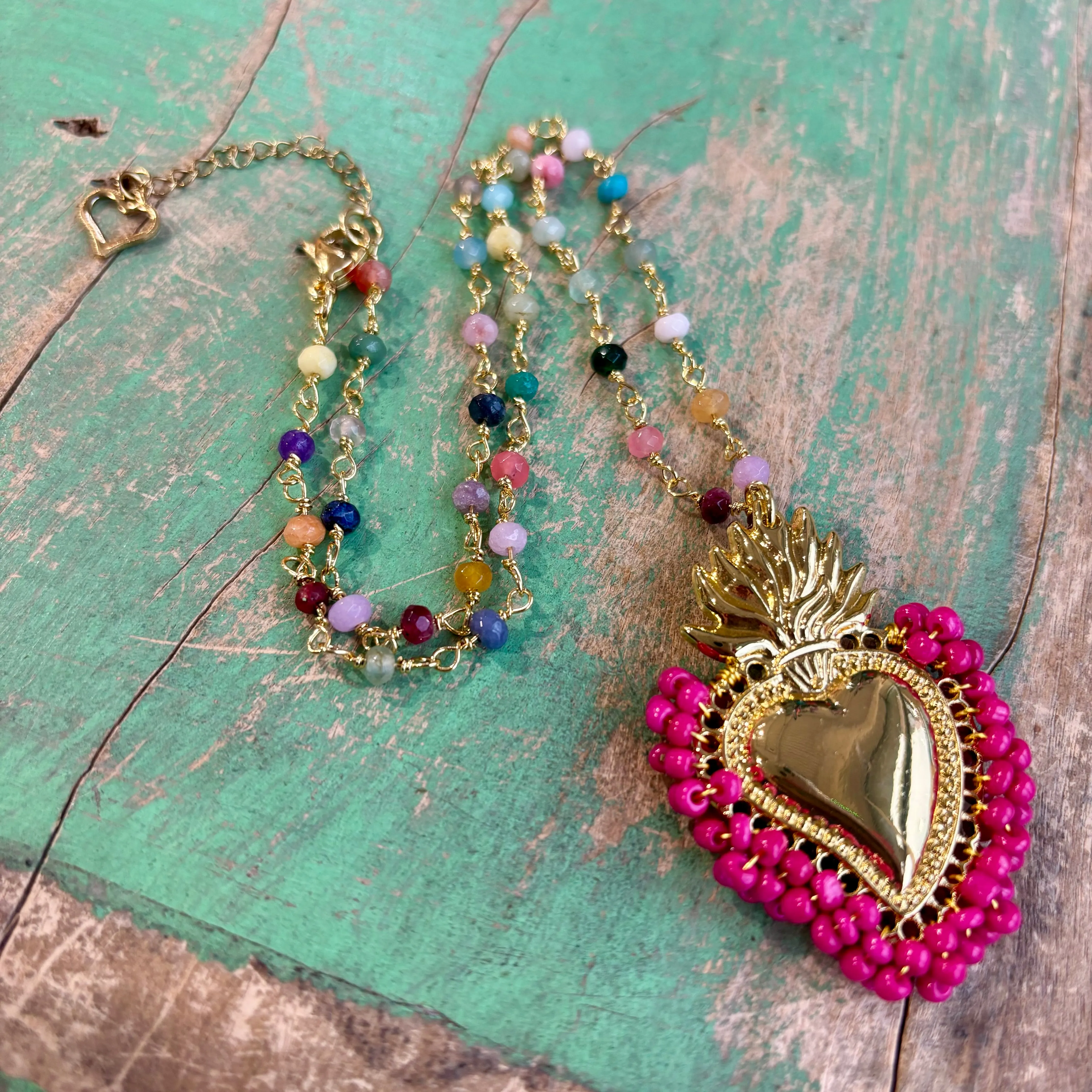 Colorful Beaded Sacred Heart Necklace