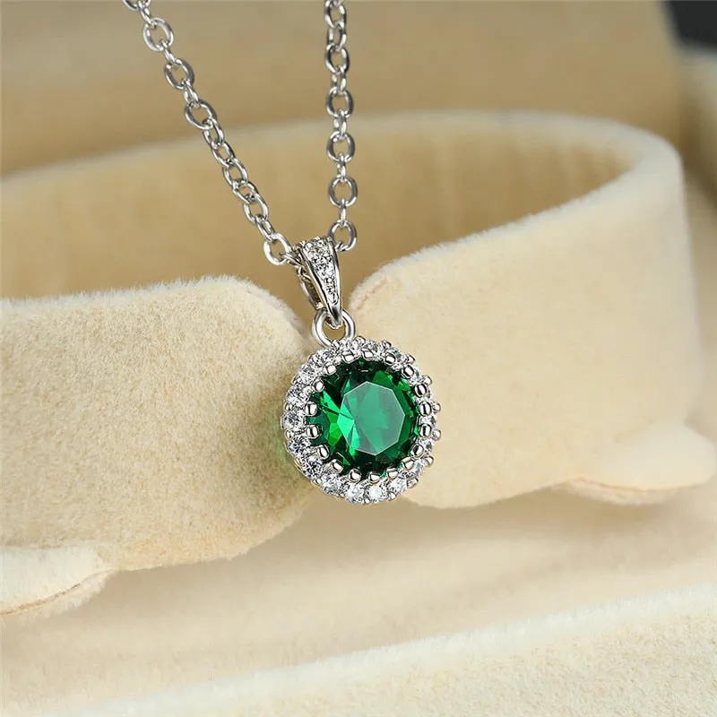 Dainty Female Red Green Pendant Necklace rose gold color Chain Oval Crystal Stone Necklaces For Women