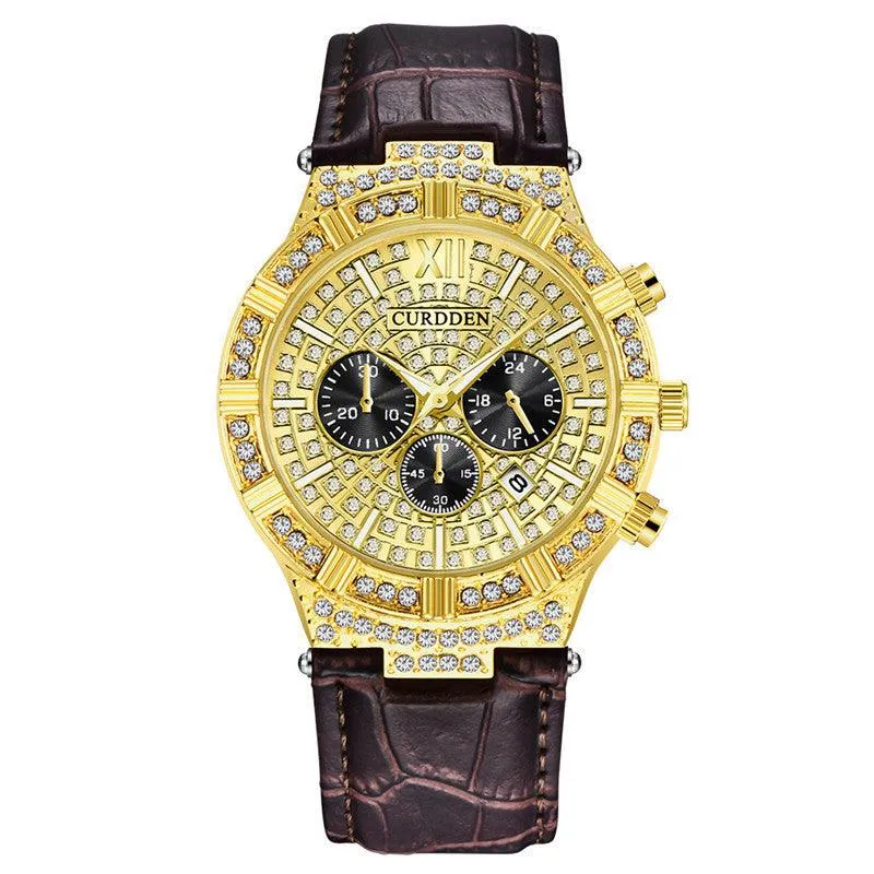 Diamond-embedded Fake Three-Eye Men's Fashion Belt Quartz Watch