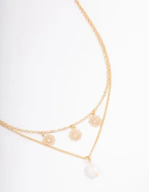 Gold Filo Flower & Pearl Layered Necklace