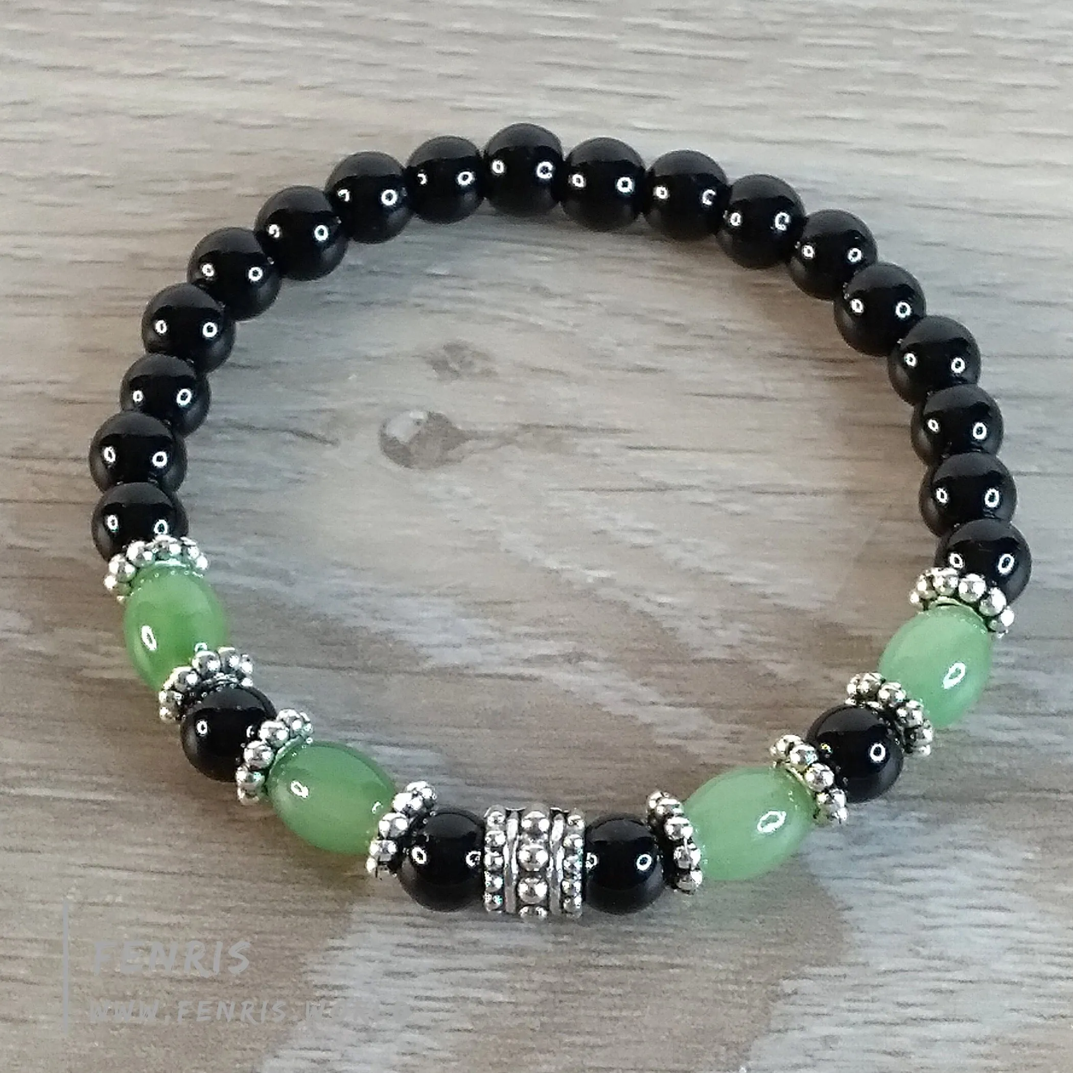 Jade Bracelet Lt. Green Black Obsidian Silver Stretch