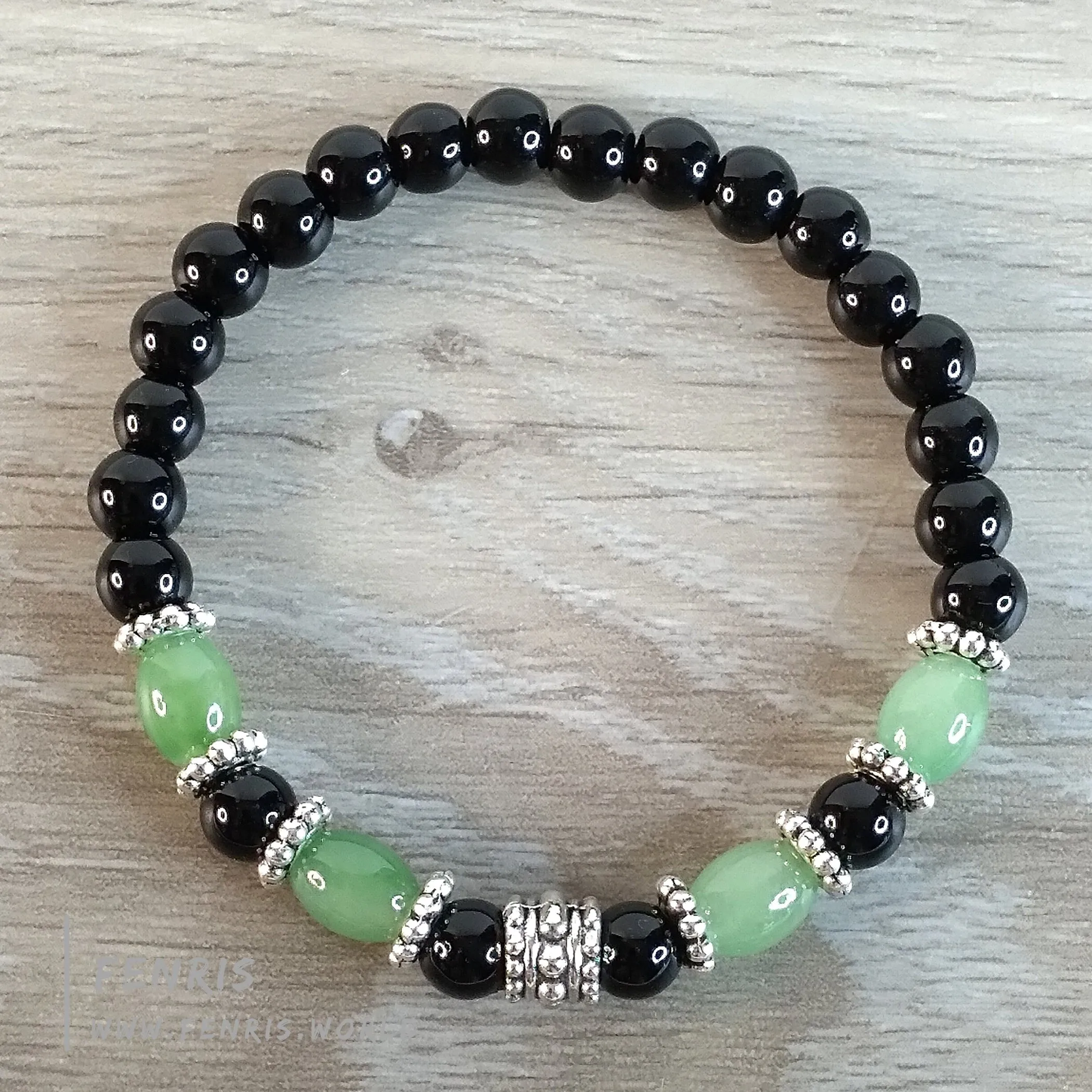 Jade Bracelet Lt. Green Black Obsidian Silver Stretch