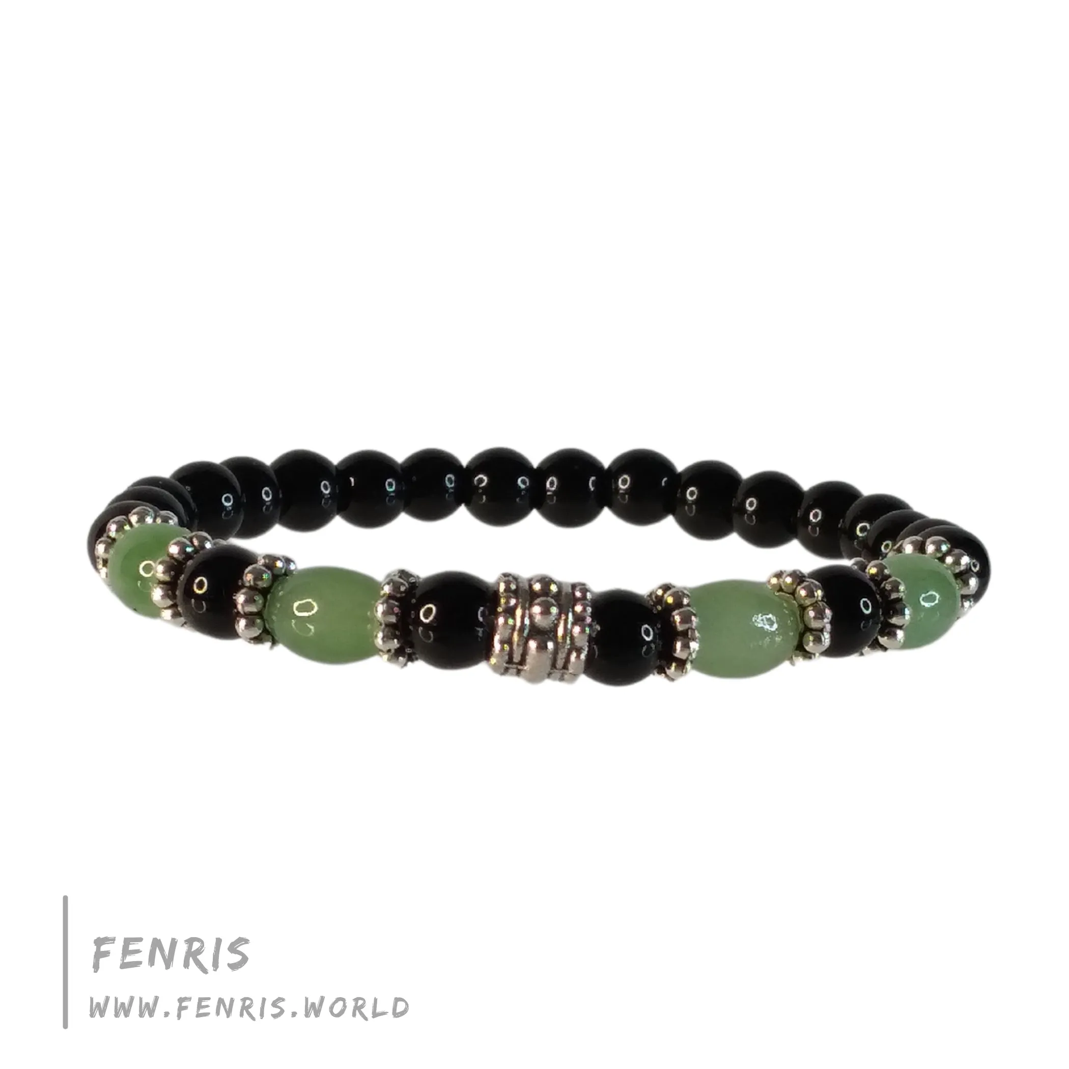 Jade Bracelet Lt. Green Black Obsidian Silver Stretch