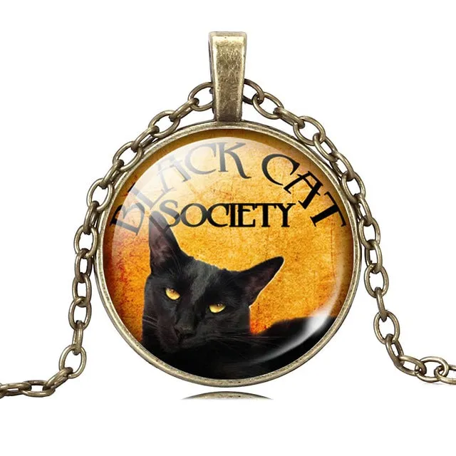 LIEBE ENGEL Unique Necklace Glass Cabochon Silver Bronze Chain Necklace Black Cat Picture Vintage Pendant Necklace For Women