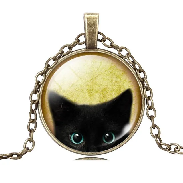 LIEBE ENGEL Unique Necklace Glass Cabochon Silver Bronze Chain Necklace Black Cat Picture Vintage Pendant Necklace For Women