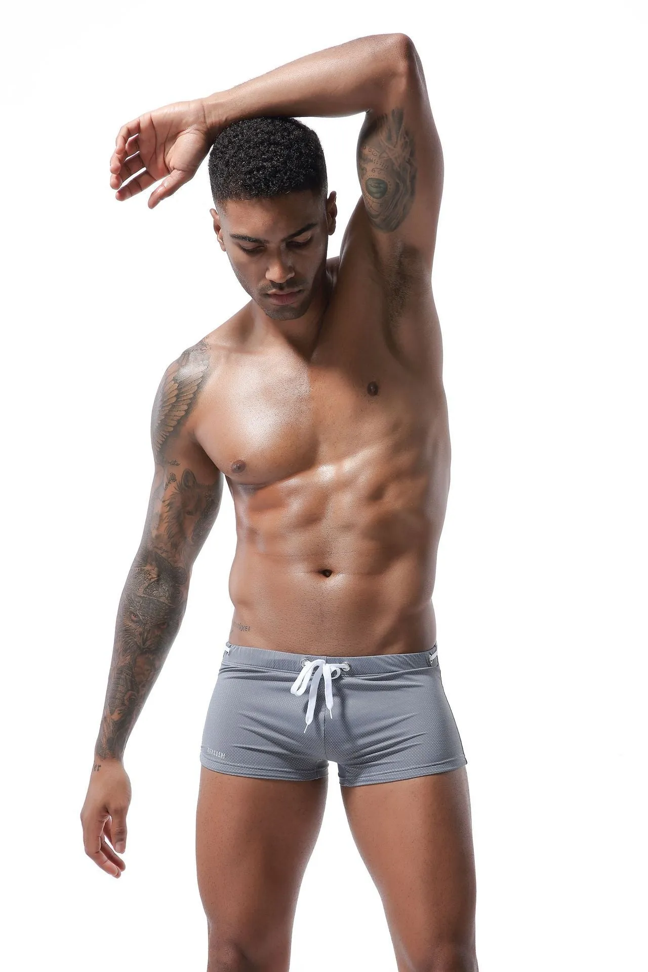 Men's Tethered Nylon Low Waist Boxer Swim Shorts