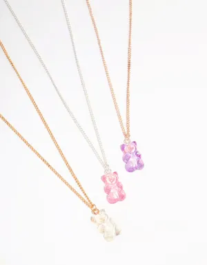 Mixed Metal Holographic Teddy Bear Necklace 3-Pack