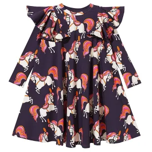 Navy Blue Horses Pompom Dress - 1 Left Size 2-4 years