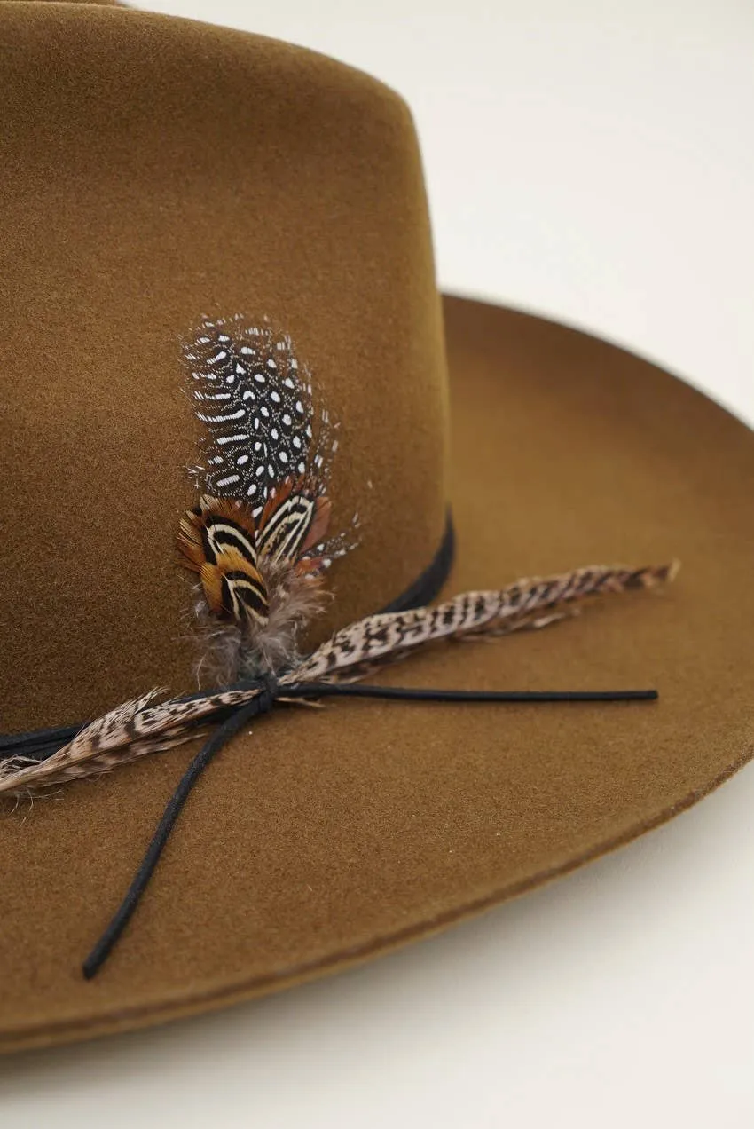 Olive & Pique - Western Cowboy Hat, 100% Wool Felt, Feather Trim, Cognac Hat