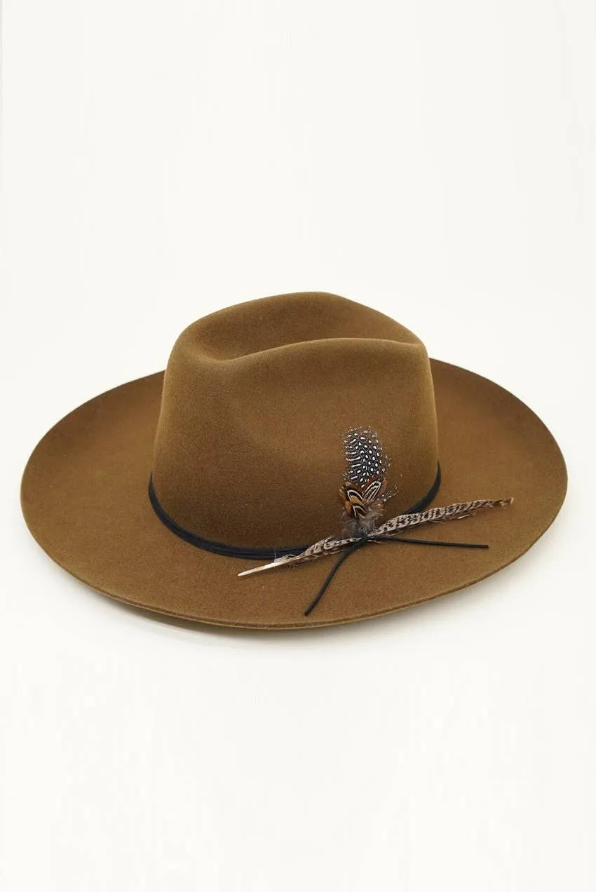 Olive & Pique - Western Cowboy Hat, 100% Wool Felt, Feather Trim, Cognac Hat