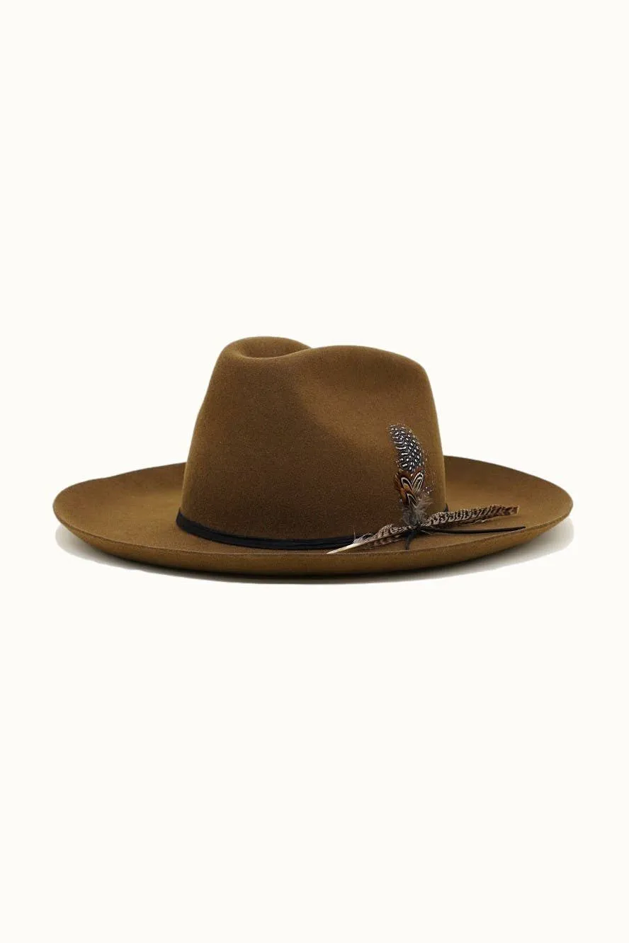 Olive & Pique - Western Cowboy Hat, 100% Wool Felt, Feather Trim, Cognac Hat