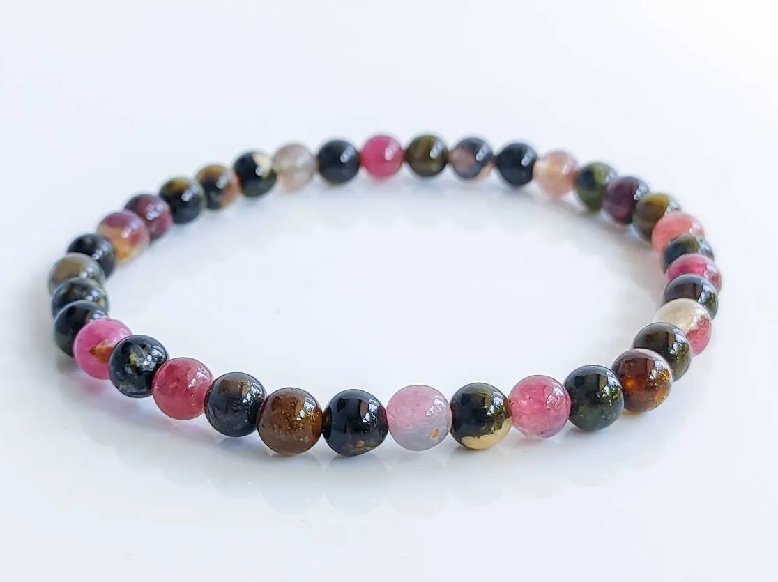 Pink, Black, Brown & Green Tourmaline Crystal Bead Bracelet