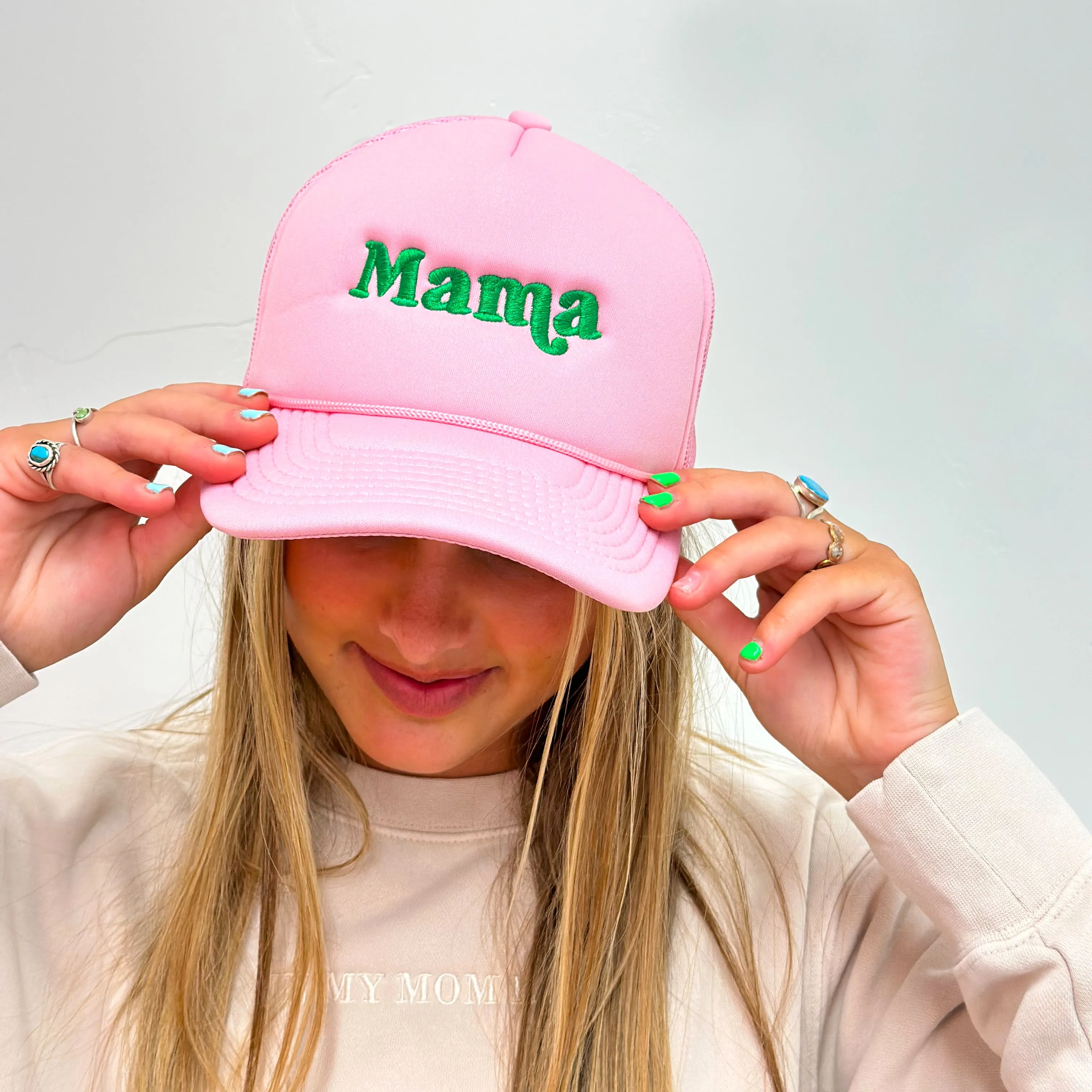 Pink Trucker w/ Green Embroidery - Mama