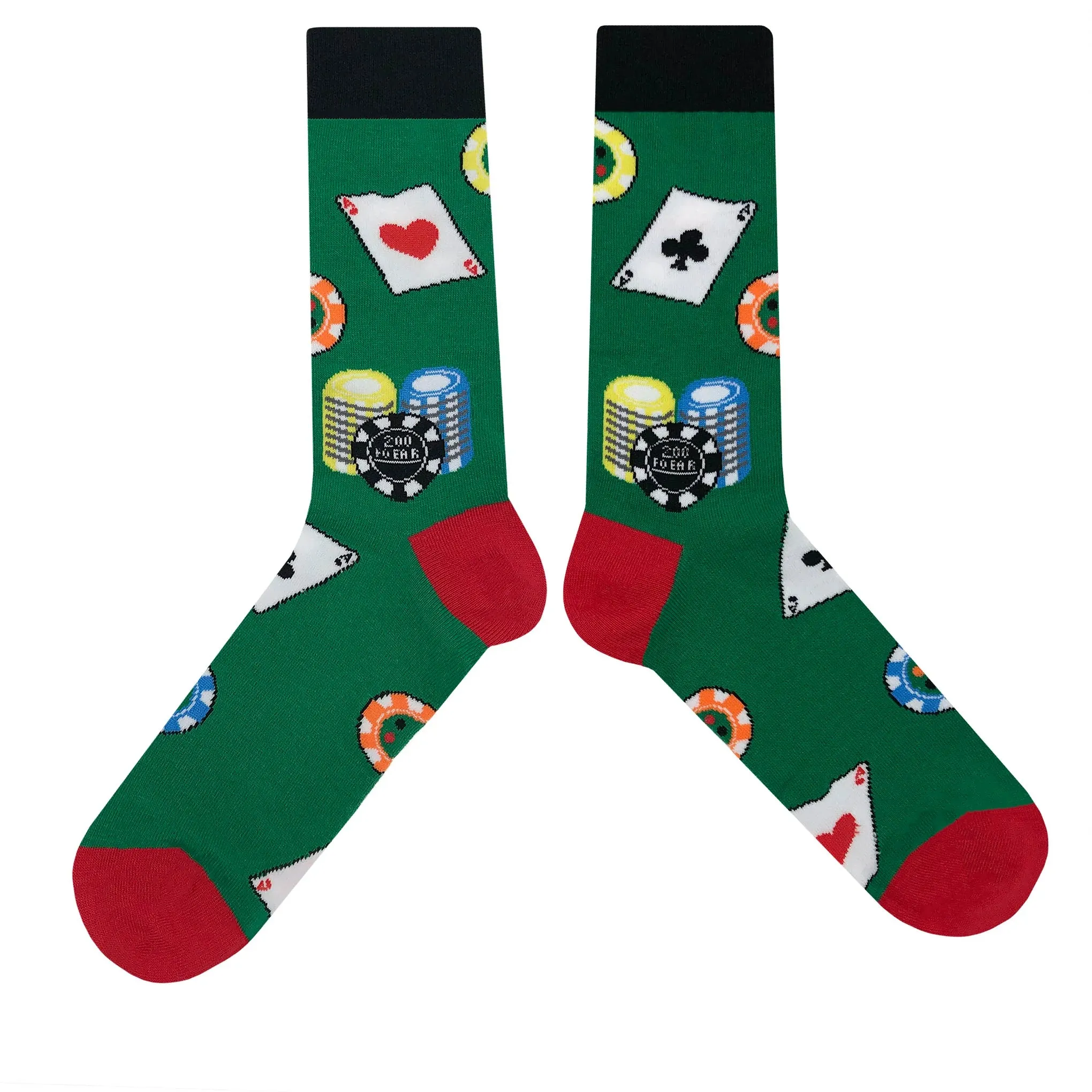 Poker Cards & Chips Cartoon Socks, Fun Novelty Unisex 360 Degree Artwork Character Designed Crew Socks