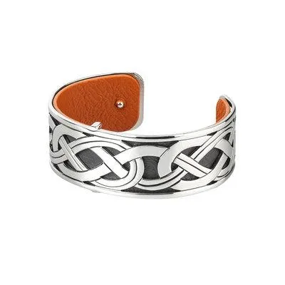 Rhodium and Leather Celtic Knot Cuff Bangle