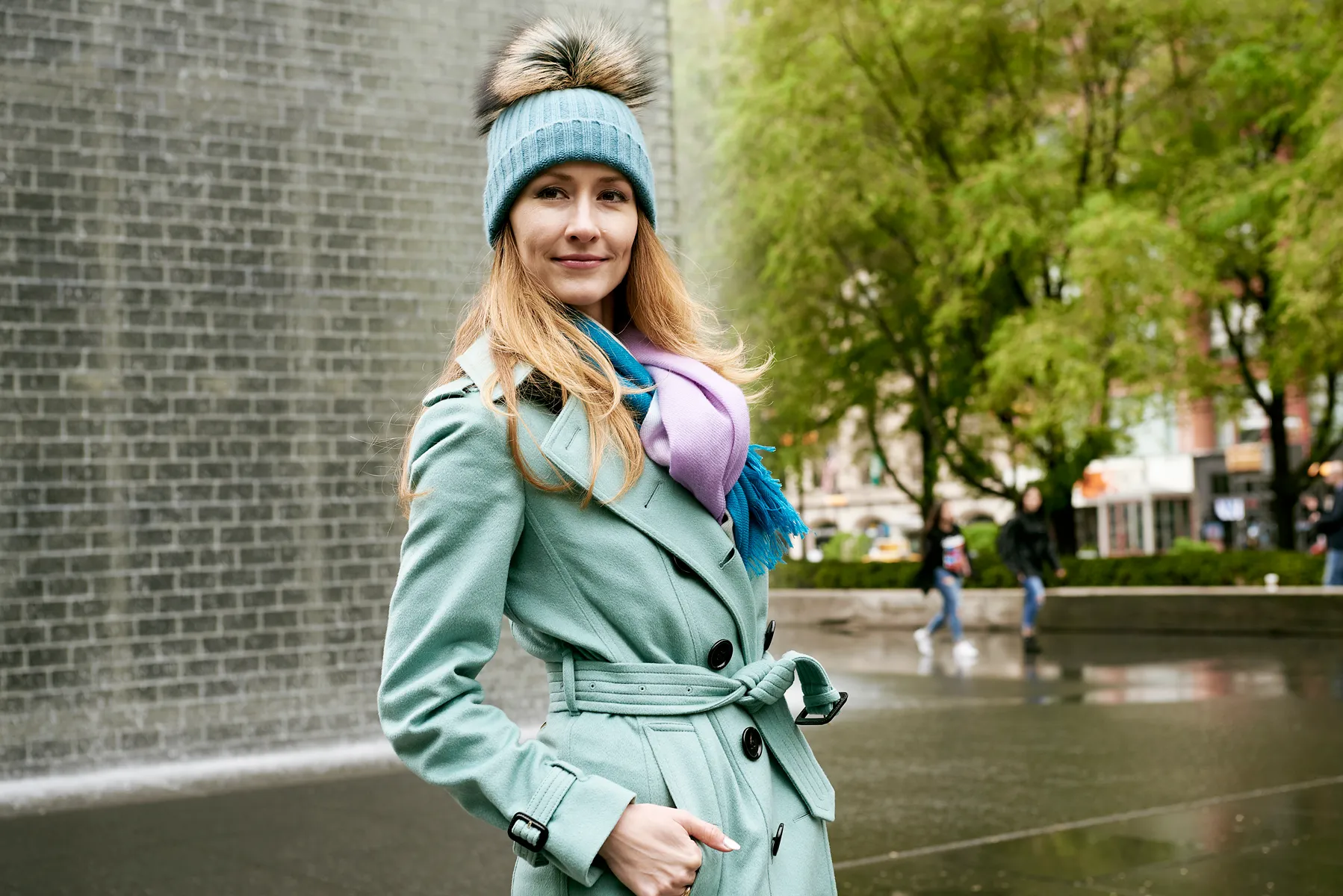 Ribbed Seafoam Cashmere Hat with Seafoam Pom-Pom