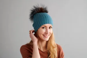 Ribbed Seafoam Cashmere Hat with Seafoam Pom-Pom