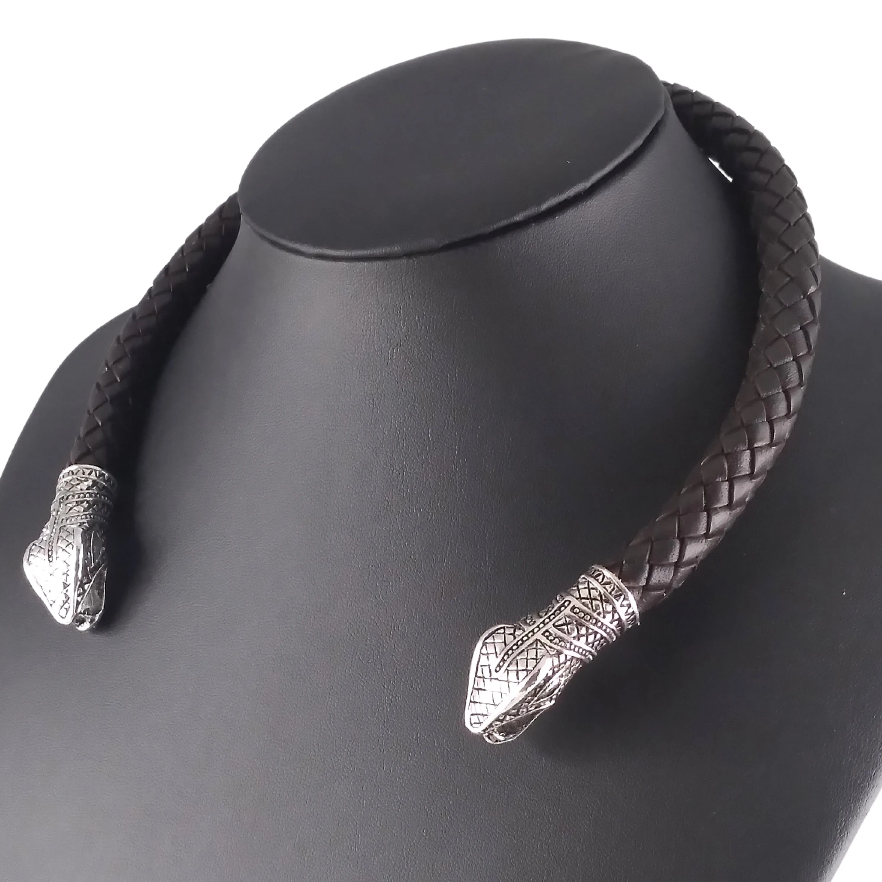 Snake Torc Necklace Silver Brown Leather