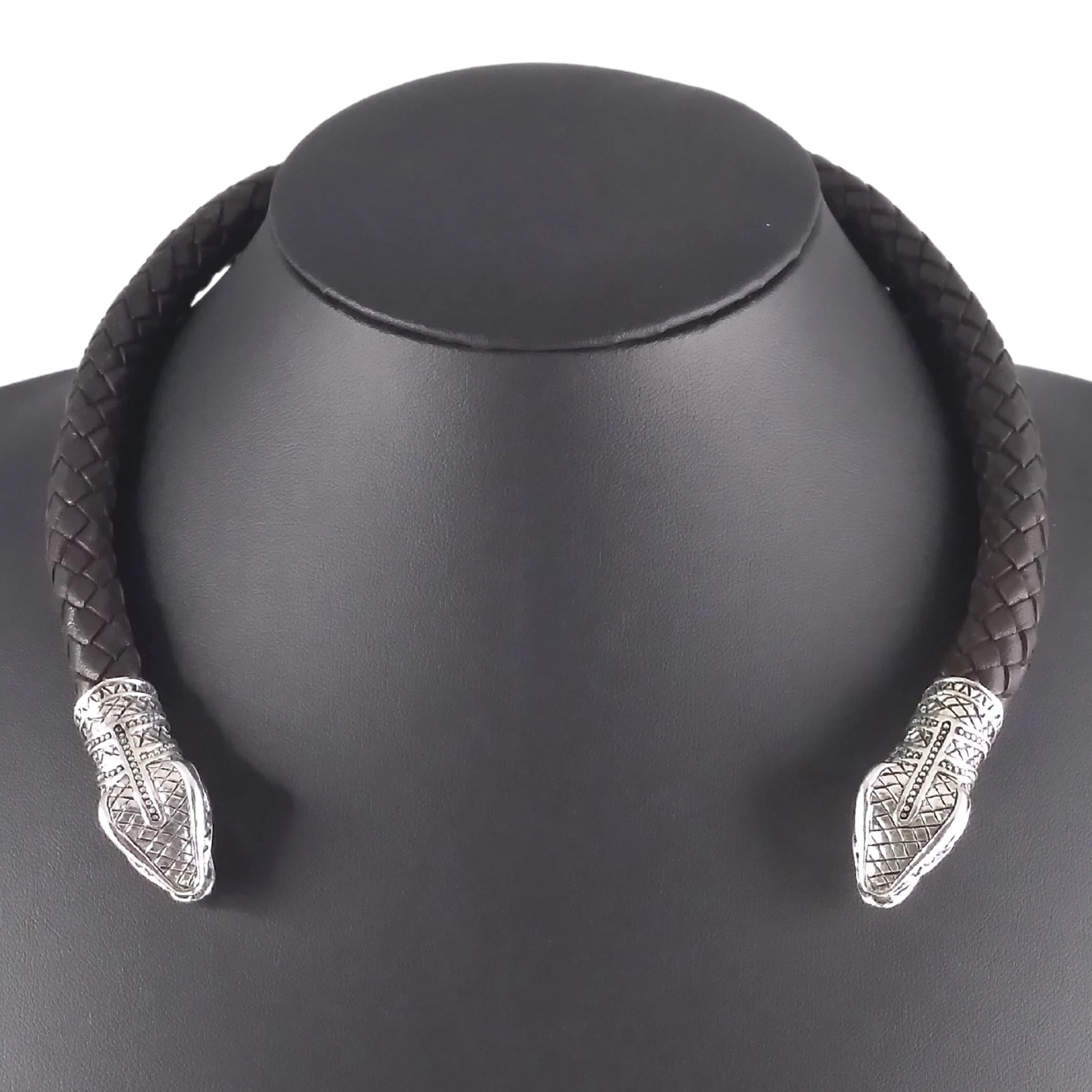 Snake Torc Necklace Silver Brown Leather