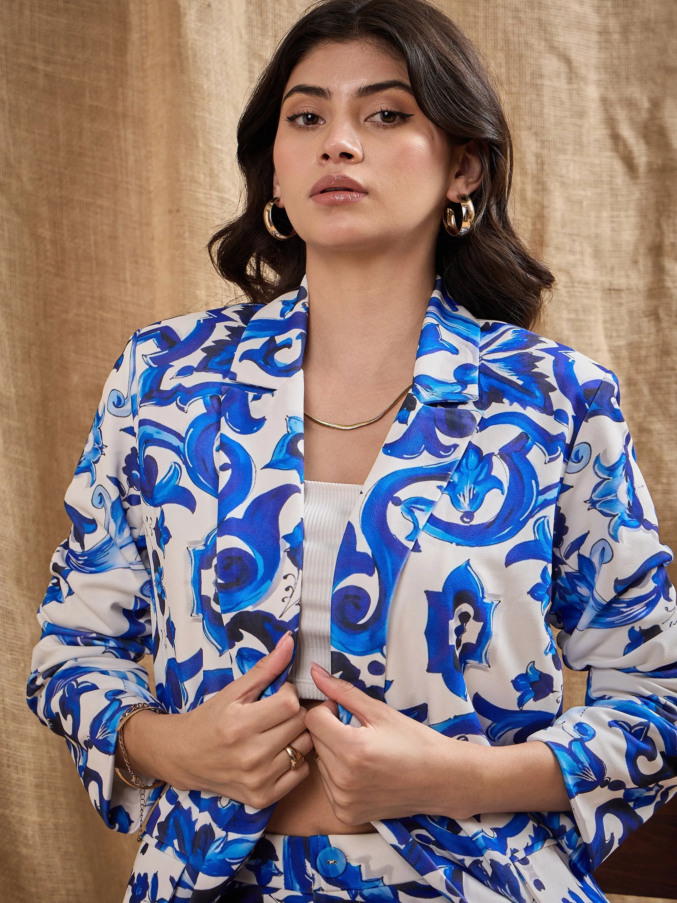 Women Blue Floral Printed Shawl Collar Blazer With Straight Fit Pants