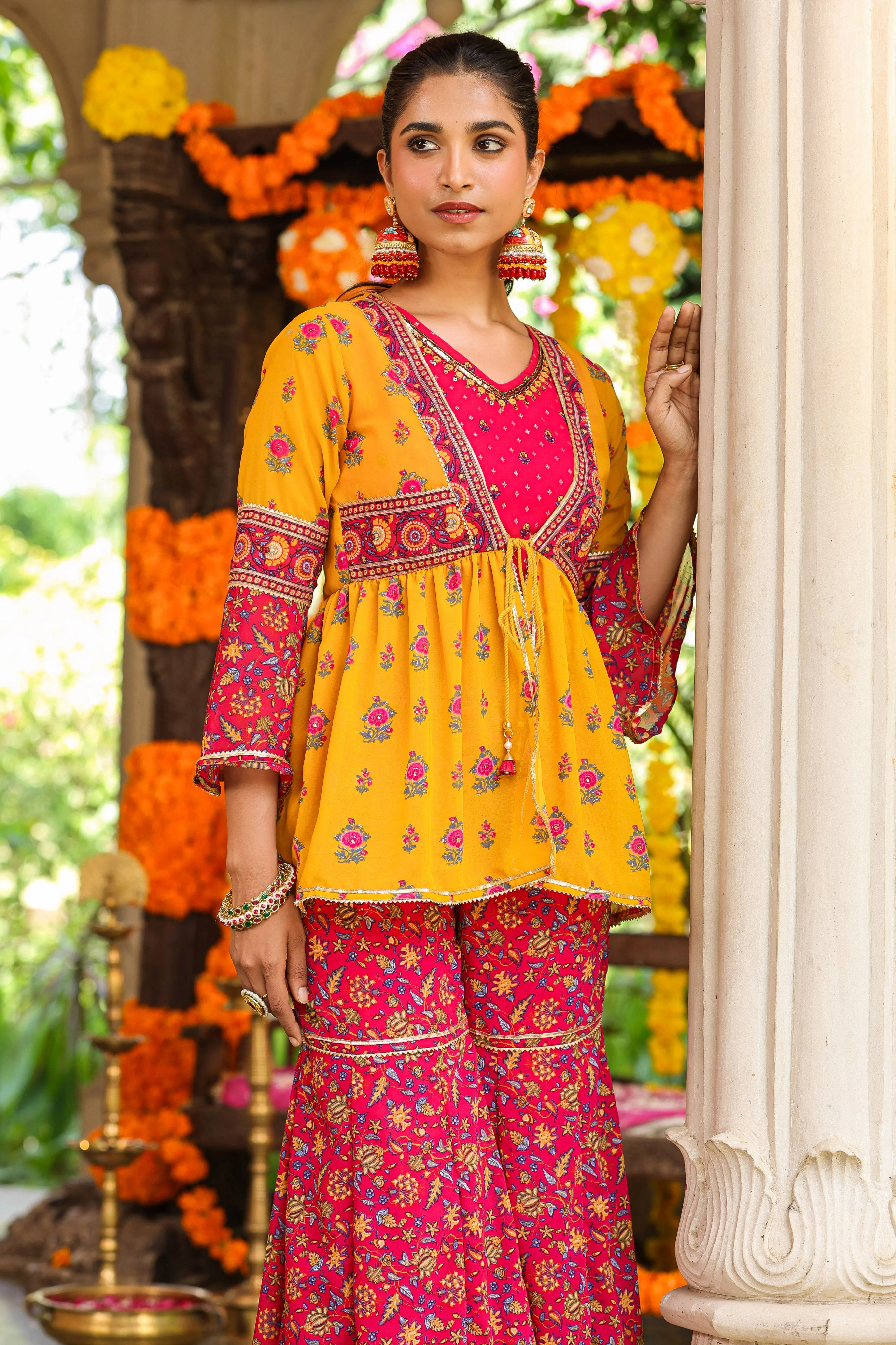 Women Mustard Georgette Printed Clothing Set