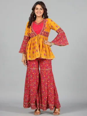 Women Mustard Georgette Printed Clothing Set